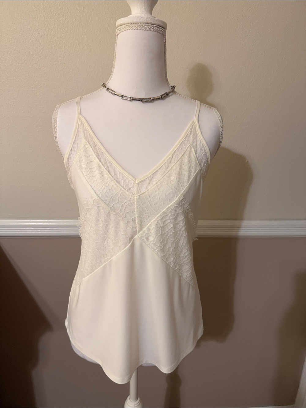 White House Black Market Cream Lace-Trim V-Neck Camisole